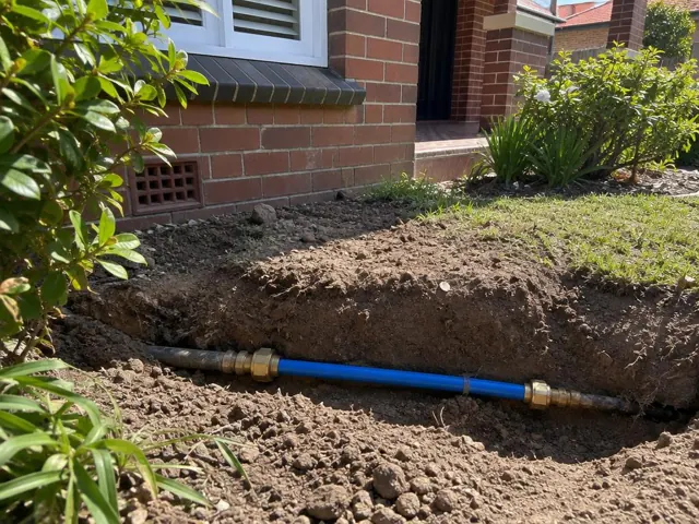 Exposed repaired water pipe in a soil trench beside a brick house in Balgowlah