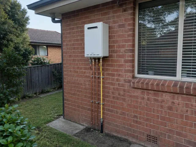 Outdoor wall-mounted hot water unit on a brick house wall with exposed pipework in Seaforth